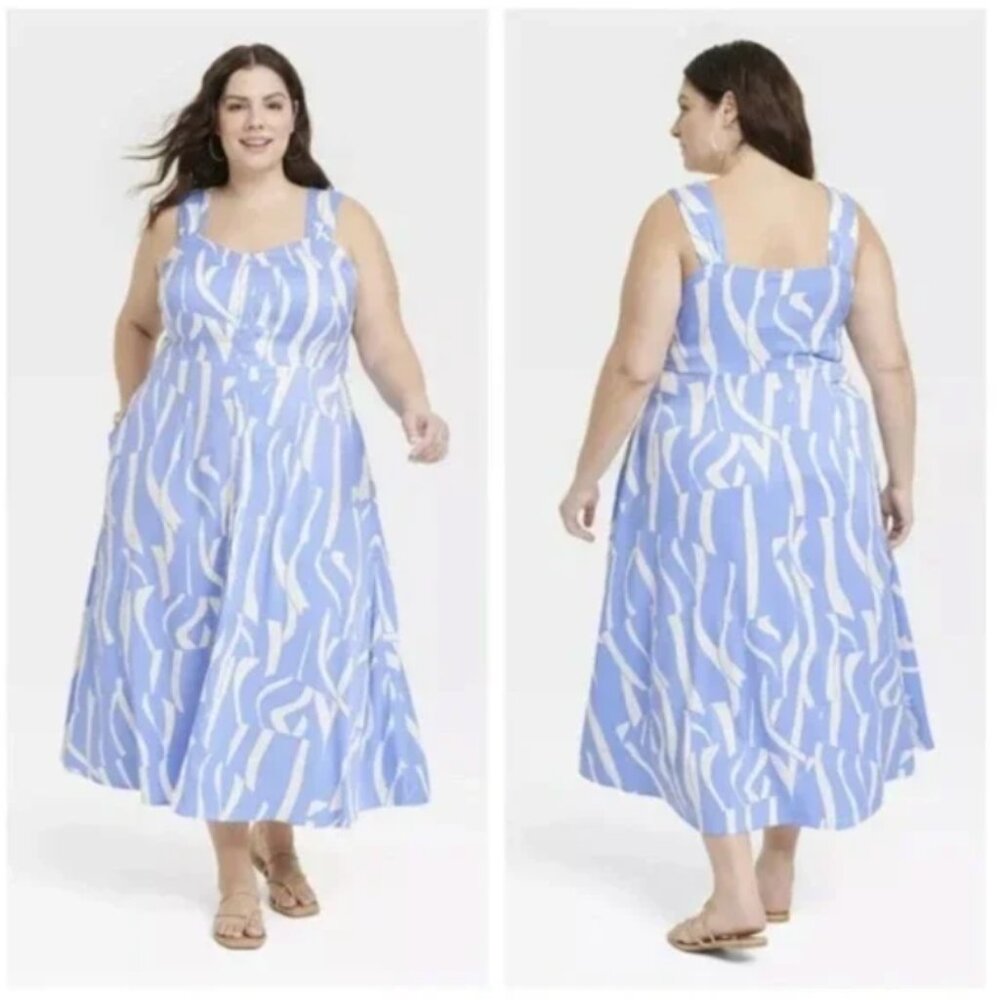 Ava & Viv Women's Button-Front A-Line Dress, Light Blue Abstract